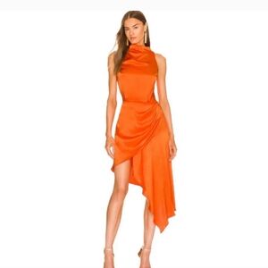Elliatt Alaia Dress in Papaya Orange High Neck Sleeveless Asymetrical Hem